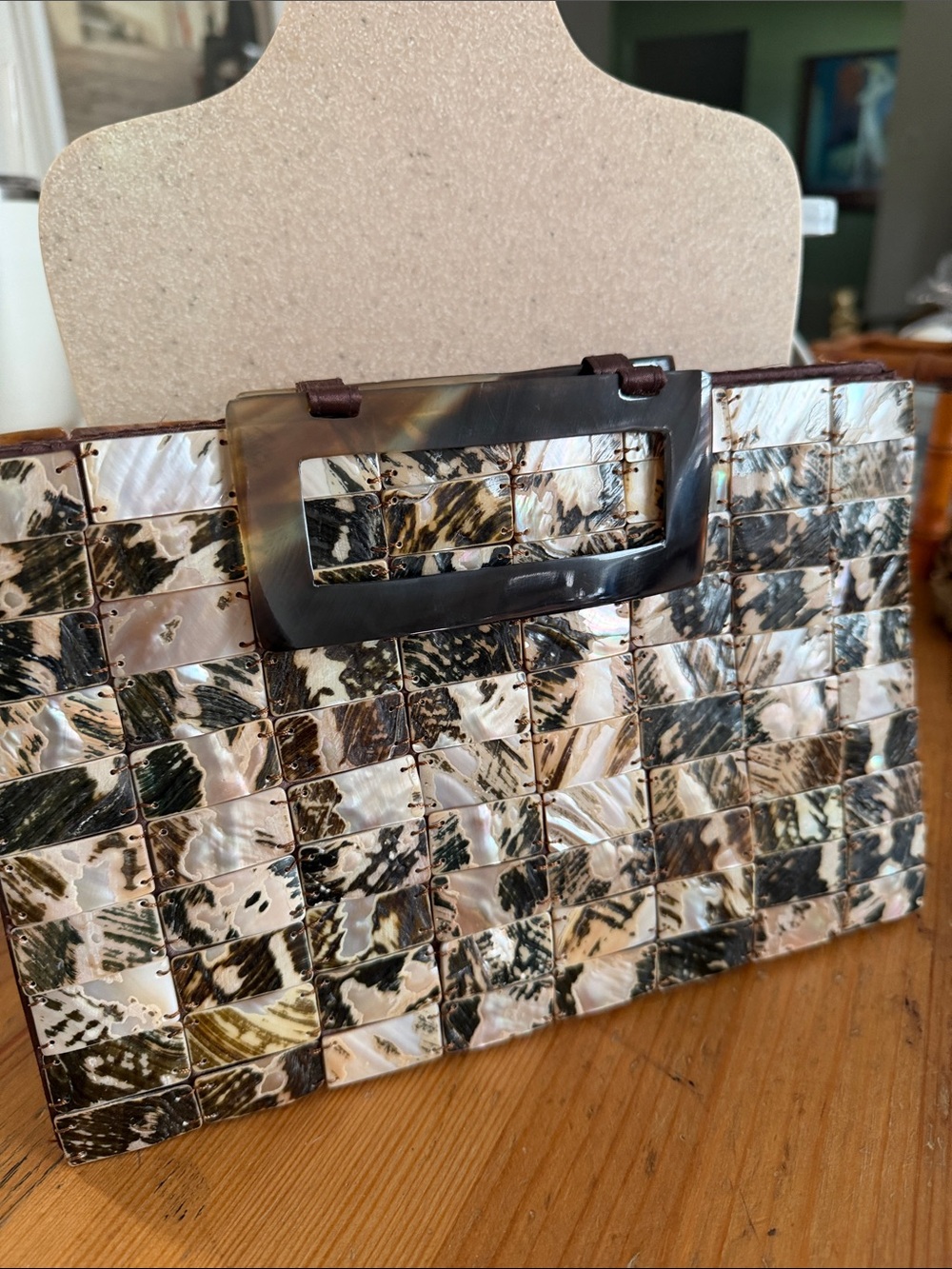 Shiraleah Vintage Brown & Cream Mosaic Mother of Pearl Clutch
